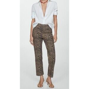 Mango MNG Leopard Animal Print Straight Cropped Mid-rise Denim Jeans SZ 0